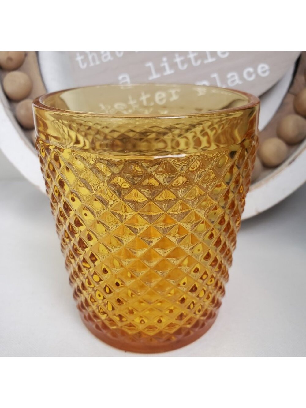 Amber Diamond Point Short Tumbler Lowball Glass SINGLE Gold Brown MCM
